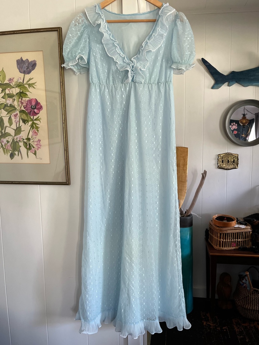 Vintage Frilly Nightgown Dress Bridgerton Victorian Ruffle Baby Blue Puff Sleeve